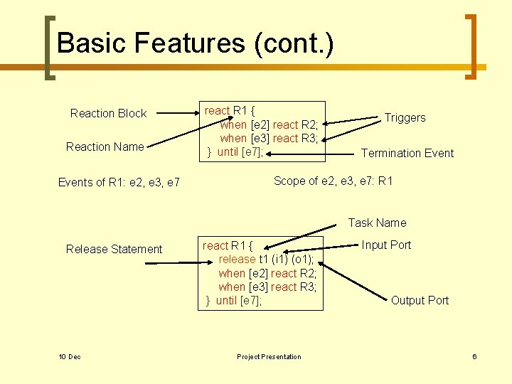 Basic Features (cont. ) Reaction Block Reaction Name Events of R 1: e 2,