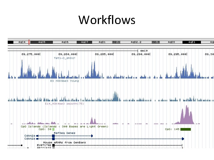 Workflows Example chip-seq workflow Data input fastq Quality control Fast. QC Mapping to genome