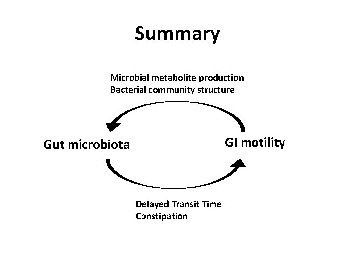 Summary Microbial metabolite production Bacterial community structure GI motility Gut microbiota Delayed Transit Time