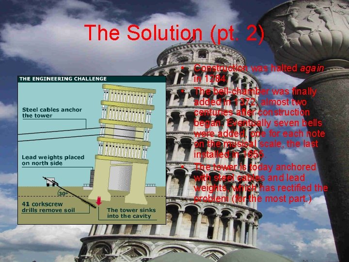 The Solution (pt. 2) • Construction was halted again in 1284. • The bell-chamber