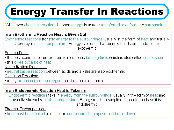 Energy Transfer In Reactions Whenever chemical reactions happen energy is usually transferred to or