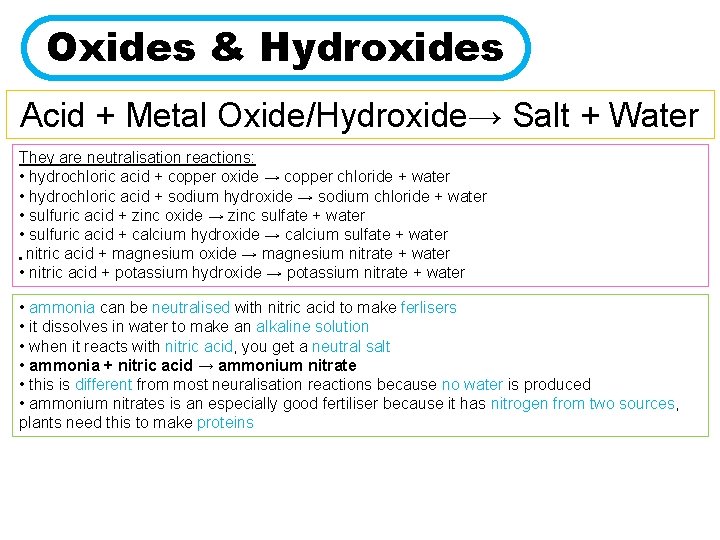 Oxides & Hydroxides Acid + Metal Oxide/Hydroxide→ Salt + Water They are neutralisation reactions: