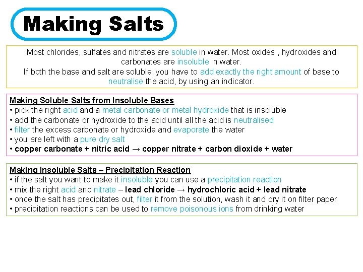 Making Salts Most chlorides, sulfates and nitrates are soluble in water. Most oxides ,