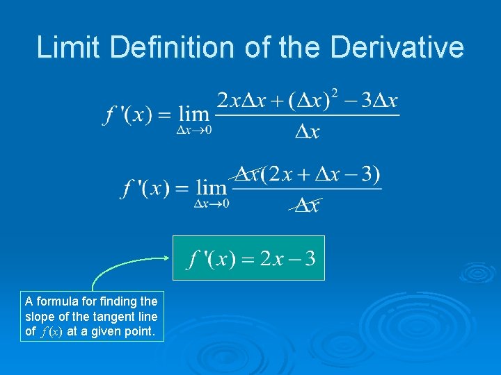 Limit Definition of the Derivative A formula for finding the slope of the tangent