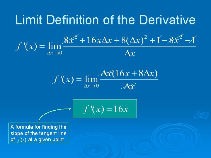 Limit Definition of the Derivative A formula for finding the slope of the tangent