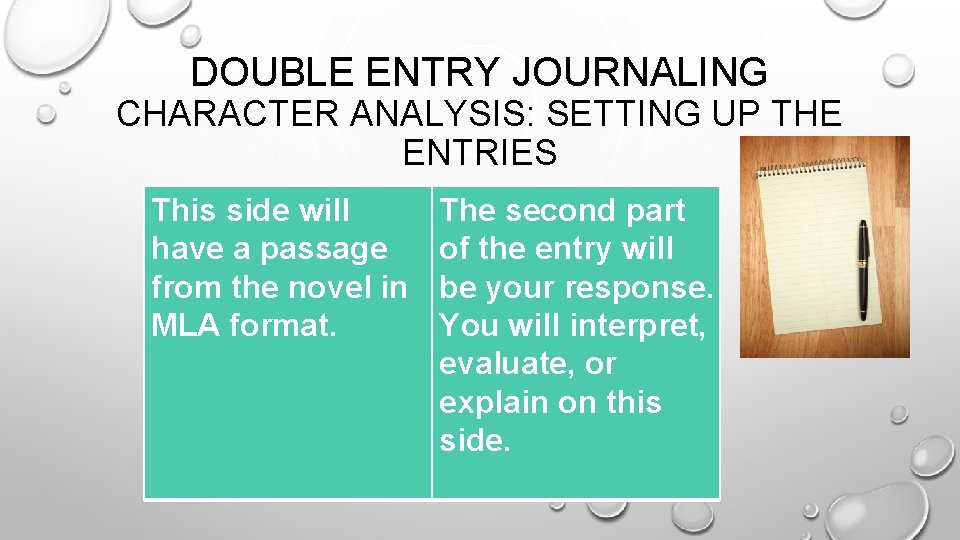 DOUBLE ENTRY JOURNALING CHARACTER ANALYSIS: SETTING UP THE ENTRIES • This side will have