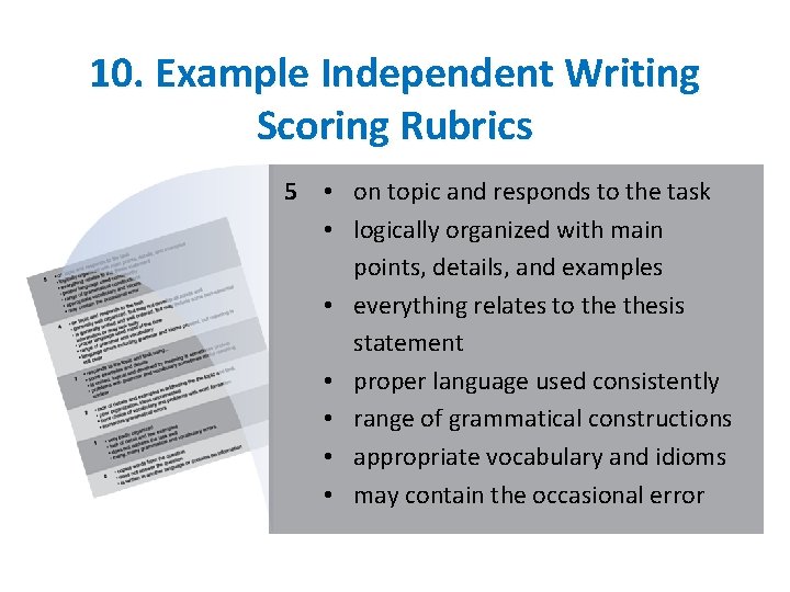 10. Example Independent Writing Scoring Rubrics 5 • on topic and responds to the