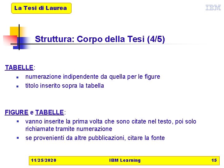 La Tesi di Laurea Struttura: Corpo della Tesi (4/5) TABELLE: n numerazione indipendente da