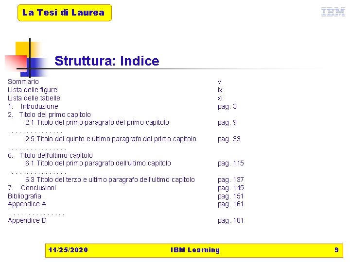 La Tesi di Laurea Struttura: Indice Sommario Lista delle figure Lista delle tabelle 1.