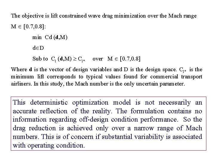 The objective is lift constrained wave drag minimization over the Mach range M [0.