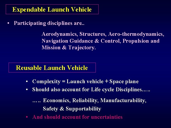 Expendable Launch Vehicle • Participating disciplines are. . Aerodynamics, Structures, Aero-thermodynamics, Navigation Guidance &