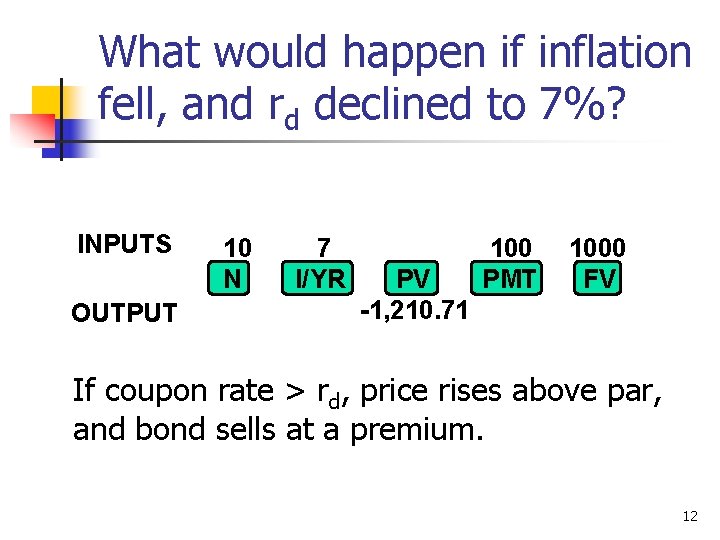 What would happen if inflation fell, and rd declined to 7%? INPUTS OUTPUT 10