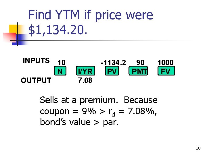 Find YTM if price were $1, 134. 20. INPUTS 10 N OUTPUT I/YR 7.
