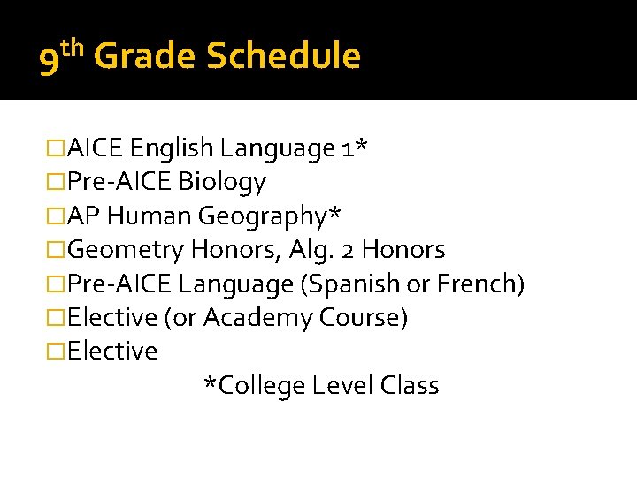 th 9 Grade Schedule �AICE English Language 1* �Pre-AICE Biology �AP Human Geography* �Geometry