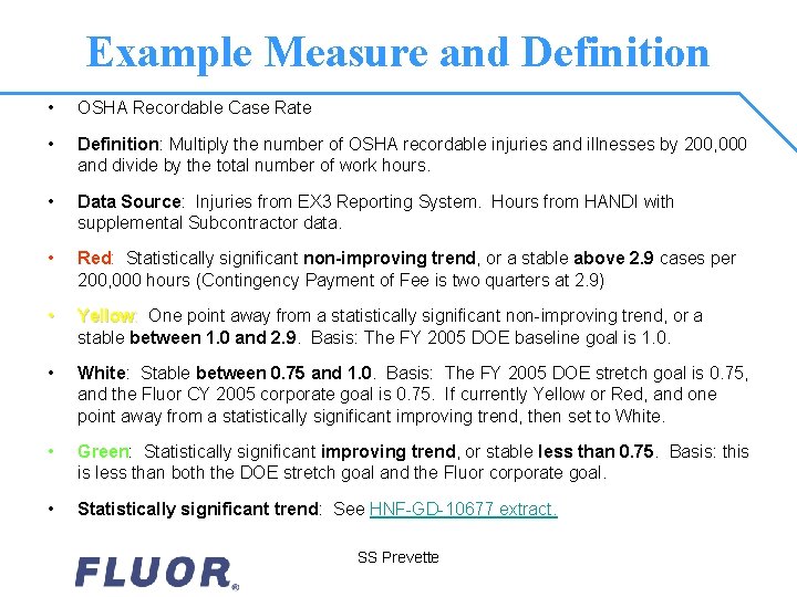 Example Measure and Definition • OSHA Recordable Case Rate • Definition: Multiply the number