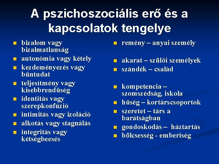 A pszichoszociális erő és a kapcsolatok tengelye n n n n bizalom vagy bizalmatlanság