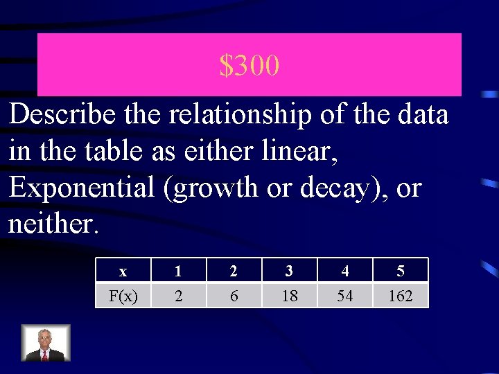 $300 Describe the relationship of the data in the table as either linear, Exponential