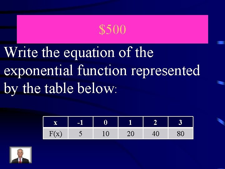 $500 Write the equation of the exponential function represented by the table below: x