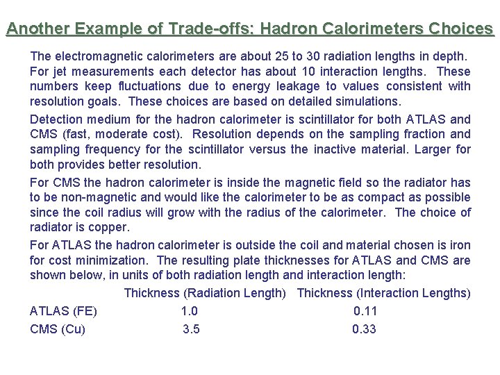 Another Example of Trade-offs: Hadron Calorimeters Choices The electromagnetic calorimeters are about 25 to