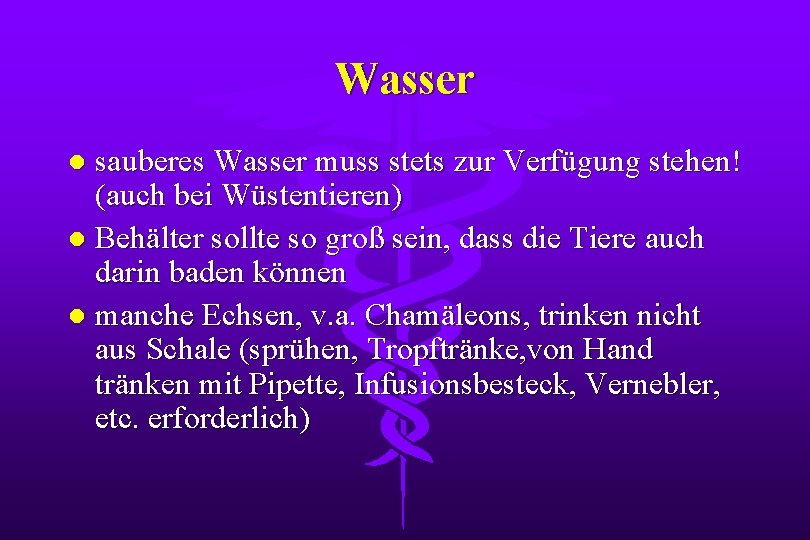 Wasser sauberes Wasser muss stets zur Verfügung stehen! (auch bei Wüstentieren) l Behälter sollte