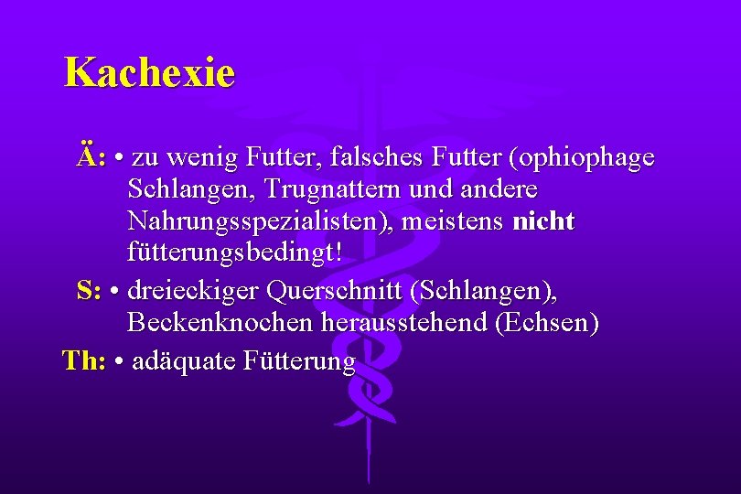 Kachexie Ä: • zu wenig Futter, falsches Futter (ophiophage Schlangen, Trugnattern und andere Nahrungsspezialisten),