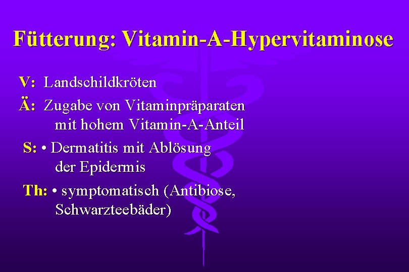 Fütterung: Vitamin-A-Hypervitaminose V: Landschildkröten Ä: Zugabe von Vitaminpräparaten mit hohem Vitamin-A-Anteil S: • Dermatitis