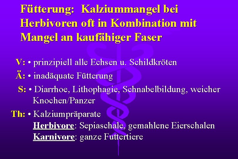 Fütterung: Kalziummangel bei Herbivoren oft in Kombination mit Mangel an kaufähiger Faser V: •