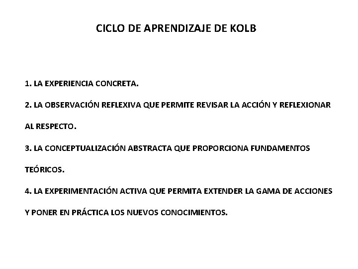 CICLO DE APRENDIZAJE DE KOLB 1. LA EXPERIENCIA CONCRETA. 2. LA OBSERVACIÓN REFLEXIVA QUE