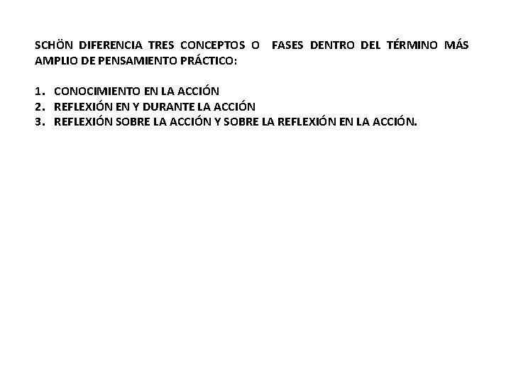SCHÖN DIFERENCIA TRES CONCEPTOS O FASES DENTRO DEL TÉRMINO MÁS AMPLIO DE PENSAMIENTO PRÁCTICO: