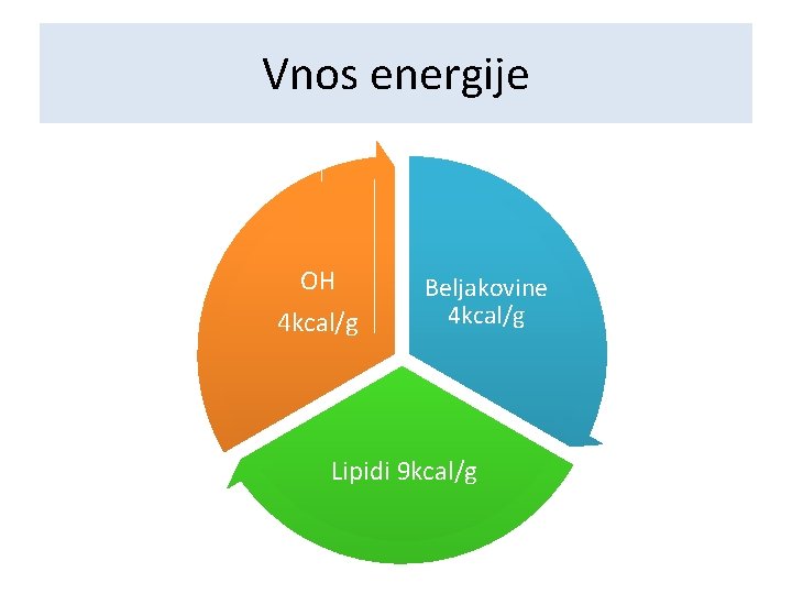 Vnos energije OH 4 kcal/g Beljakovine 4 kcal/g Lipidi 9 kcal/g 