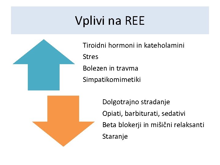 Vplivi na REE Tiroidni hormoni in kateholamini Stres Bolezen in travma Simpatikomimetiki Dolgotrajno stradanje