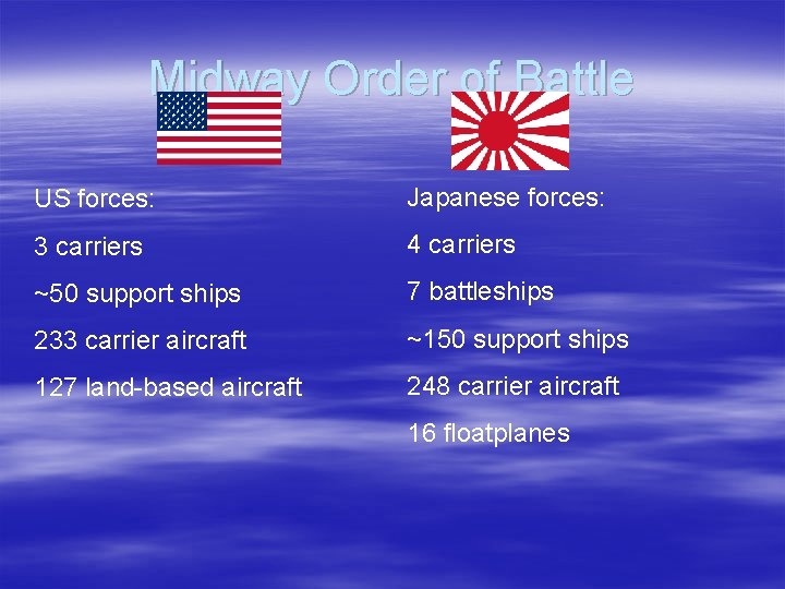 Midway Order of Battle US forces: Japanese forces: 3 carriers 4 carriers ~50 support