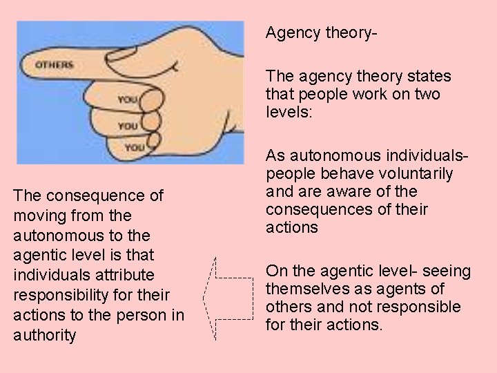Agency theory. The agency theory states that people work on two levels: The consequence