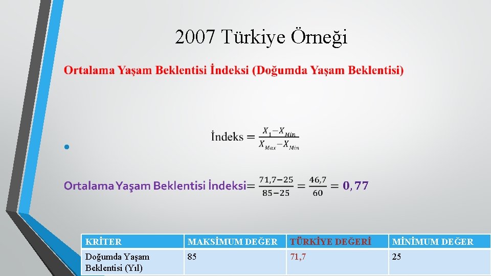 2007 Türkiye Örneği • KRİTER MAKSİMUM DEĞER TÜRKİYE DEĞERİ MİNİMUM DEĞER Doğumda Yaşam Beklentisi