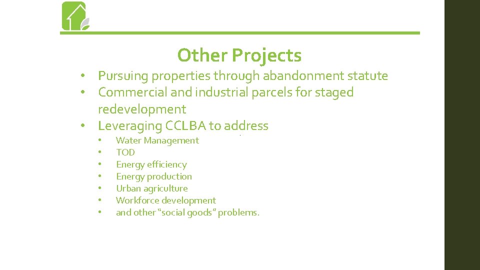 Other Projects • Pursuing properties through abandonment statute • Commercial and industrial parcels for