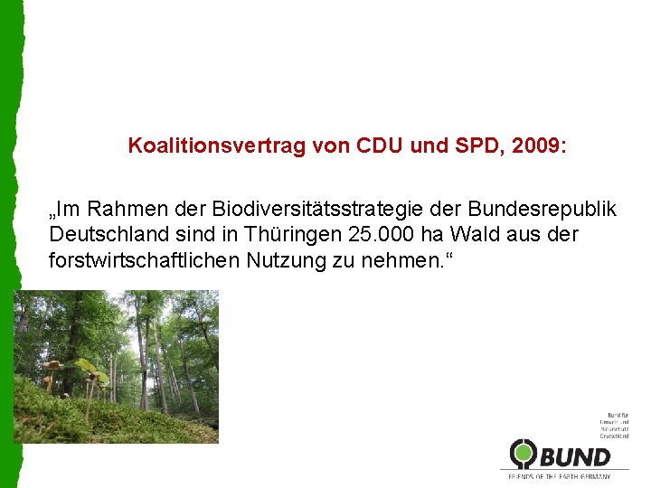 Koalitionsvertrag von CDU und SPD, 2009: „Im Rahmen der Biodiversitätsstrategie der Bundesrepublik Deutschland sind