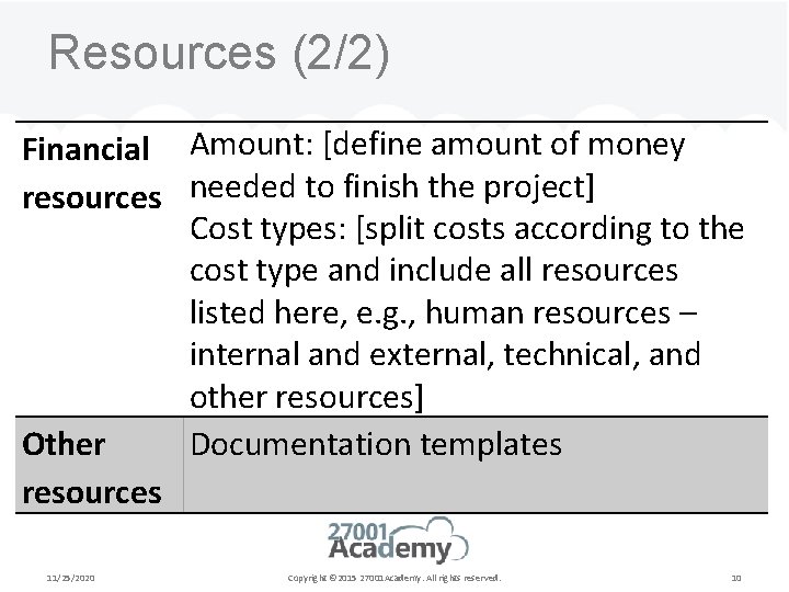 Resources (2/2) Financial Amount: [define amount of money resources needed to finish the project]