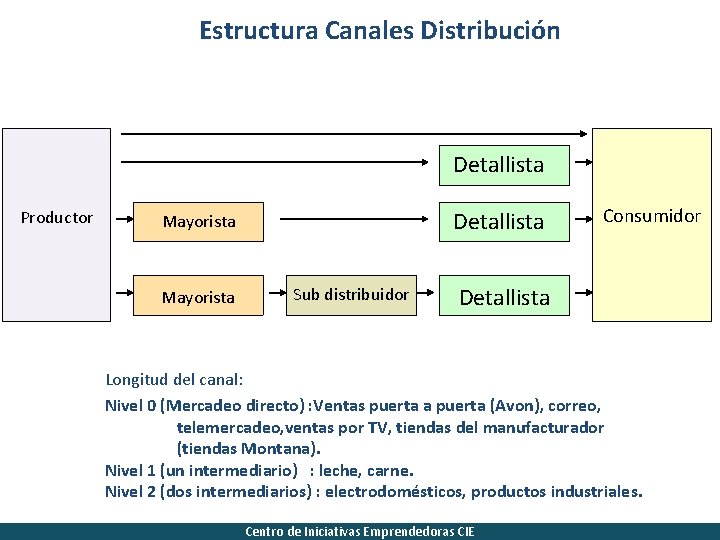 Estructura Canales Distribución Detallista Productor Detallista Mayorista Sub distribuidor Consumidor Detallista Longitud del canal: