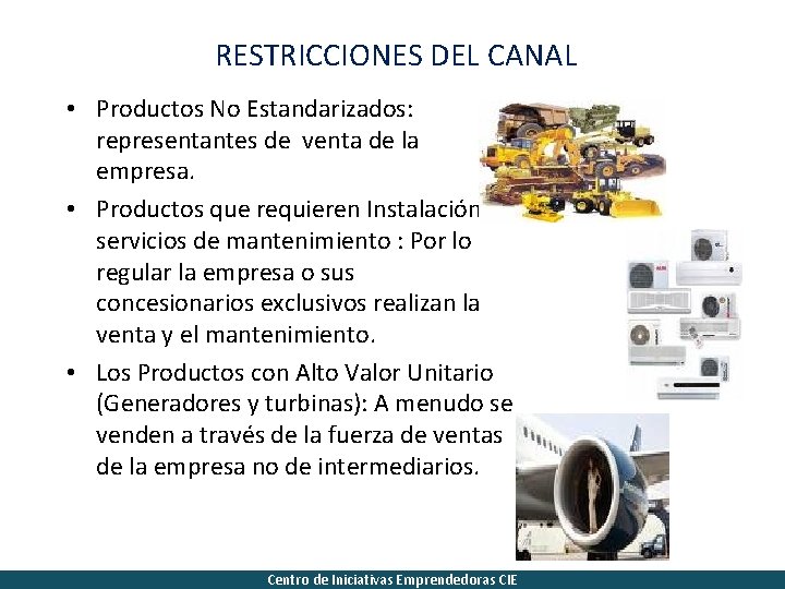 RESTRICCIONES DEL CANAL • Productos No Estandarizados: representantes de venta de la empresa. •