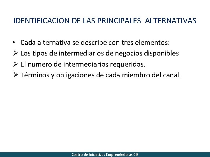 IDENTIFICACION DE LAS PRINCIPALES ALTERNATIVAS • Cada alternativa se describe con tres elementos: Ø