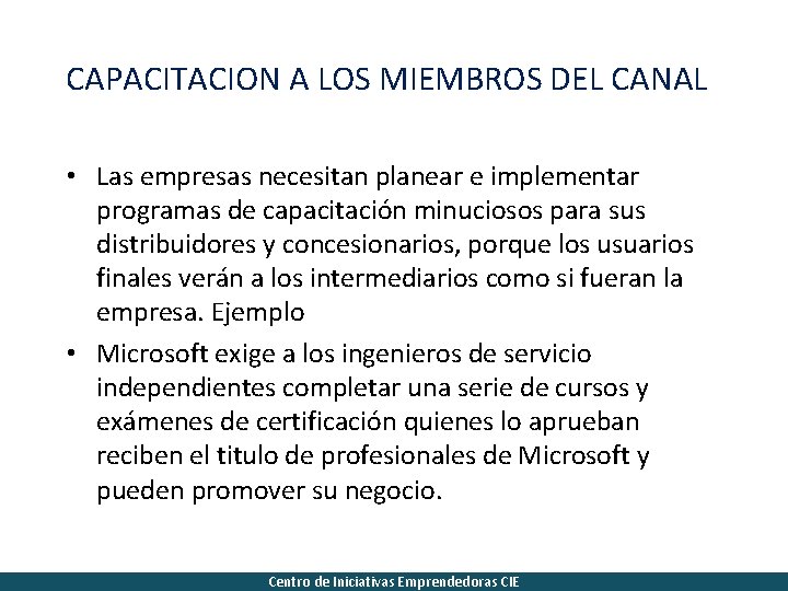 CAPACITACION A LOS MIEMBROS DEL CANAL • Las empresas necesitan planear e implementar programas