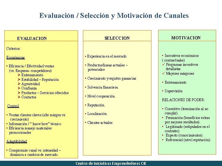 Evaluación / Selección y Motivación de Canales EVALUACION SELECCION MOTIVACION Criterios: Económicas • Experiencia