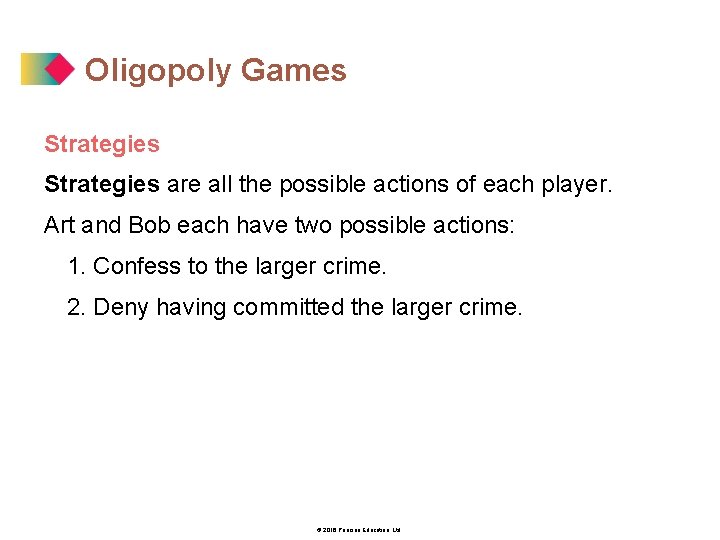 Oligopoly Games Strategies are all the possible actions of each player. Art and Bob