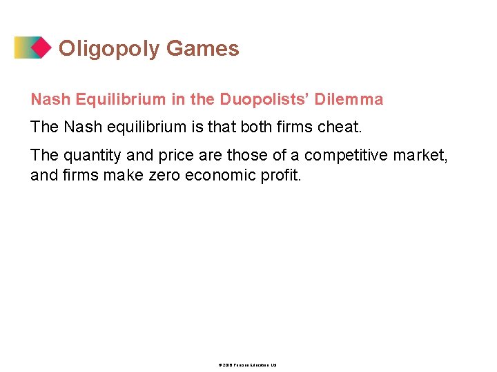 Oligopoly Games Nash Equilibrium in the Duopolists’ Dilemma The Nash equilibrium is that both