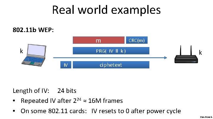 Real world examples 802. 11 b WEP: m k CRC(m) PRG( IV ll k