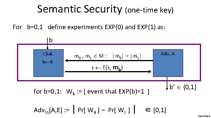 Semantic Security (one-time key) For b=0, 1 define experiments EXP(0) and EXP(1) as: b