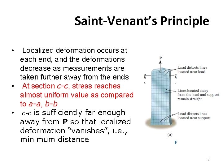 Saint-Venant’s Principle • Localized deformation occurs at each end, and the deformations decrease as