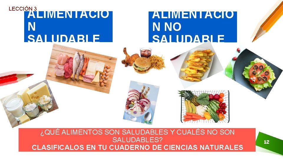 LECCIÓN 3 ALIMENTACIÓ N SALUDABLE ALIMENTACIÓ N NO SALUDABLE ¿QUÉ ALIMENTOS SON SALUDABLES Y