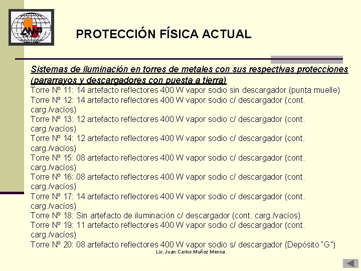 PROTECCIÓN FÍSICA ACTUAL Sistemas de iluminación en torres de metales con sus respectivas protecciones