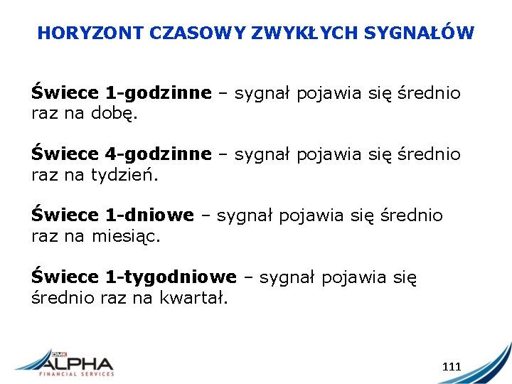 HORYZONT CZASOWY ZWYKŁYCH SYGNAŁÓW Świece 1 -godzinne – sygnał pojawia się średnio raz na